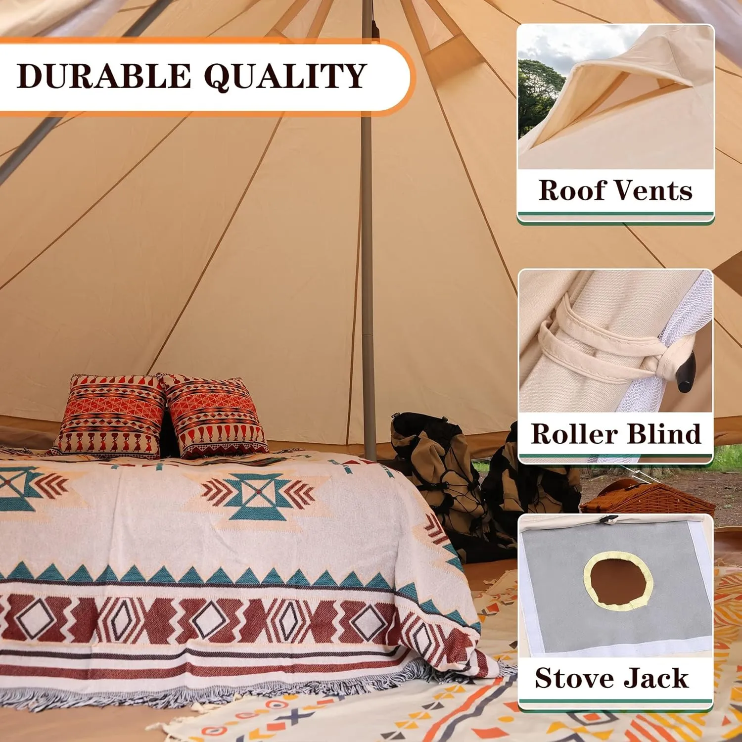 Canvas Tent Bell Tent Yurt with Stove Jack Zipped Removable Floor for Outdoor Glamping Truck Car Camping