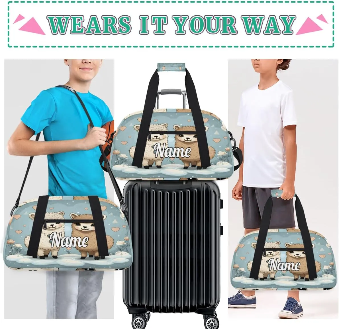 Cartoon Llama Alpaca Personalized Kids Gym Bag Custom Name Sport Duffel Bag Dance Ballet Bag for Girls Practice Workout Bag