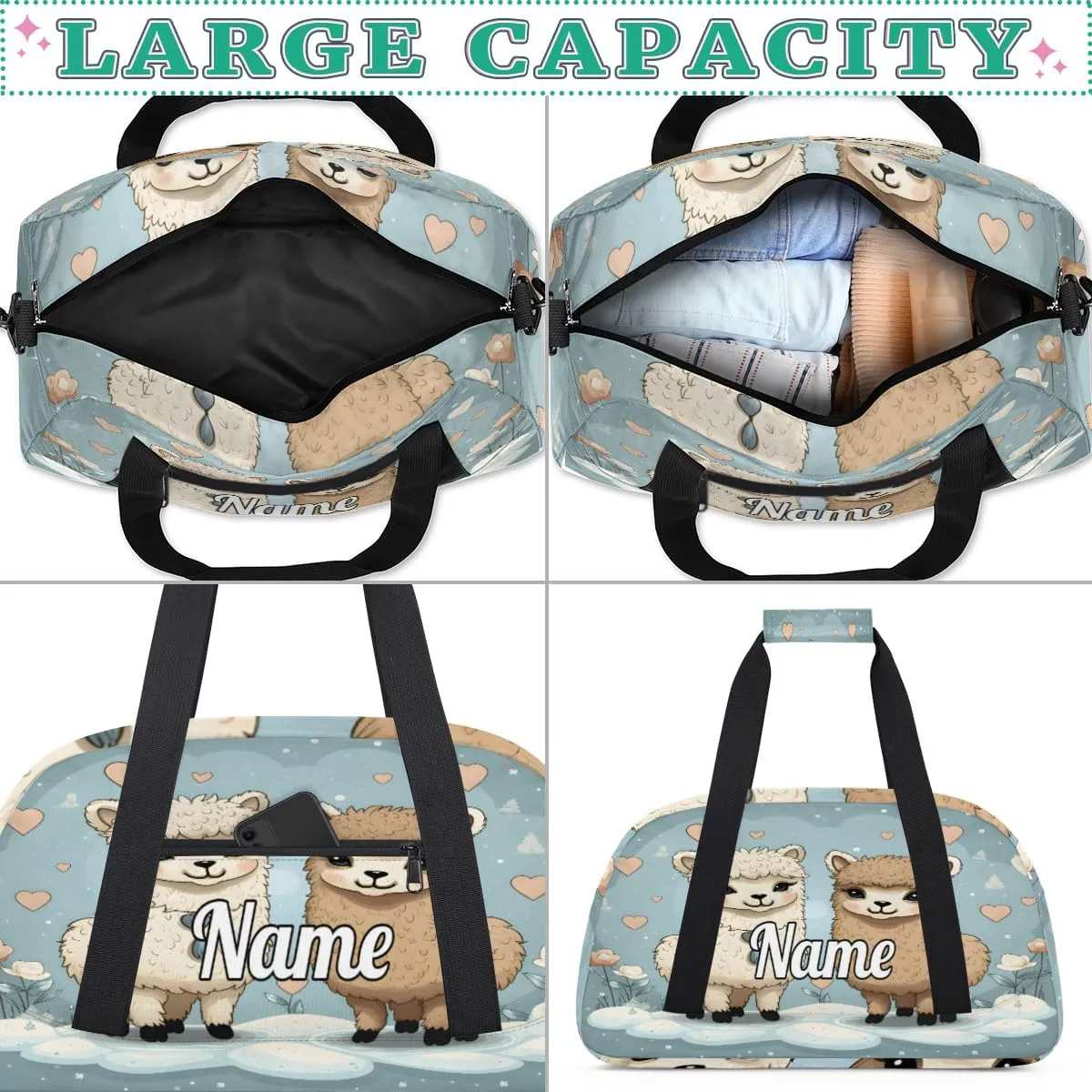 Cartoon Llama Alpaca Personalized Kids Gym Bag Custom Name Sport Duffel Bag Dance Ballet Bag for Girls Practice Workout Bag