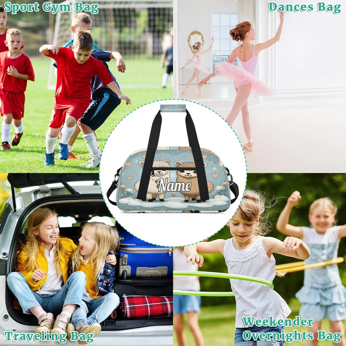 Cartoon Llama Alpaca Personalized Kids Gym Bag Custom Name Sport Duffel Bag Dance Ballet Bag for Girls Practice Workout Bag