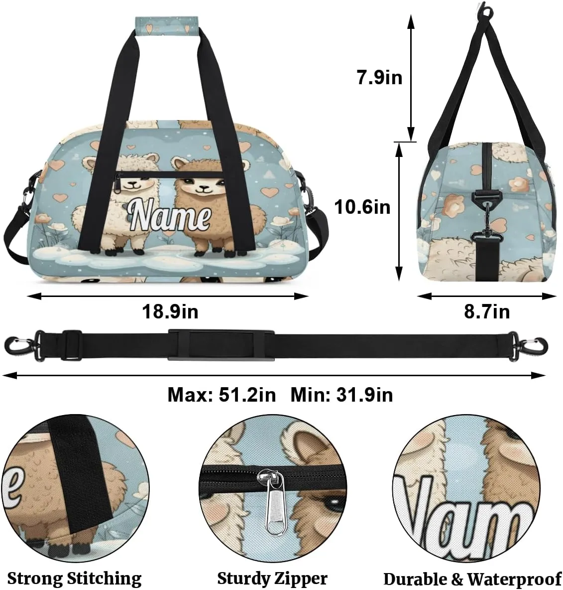 Cartoon Llama Alpaca Personalized Kids Gym Bag Custom Name Sport Duffel Bag Dance Ballet Bag for Girls Practice Workout Bag