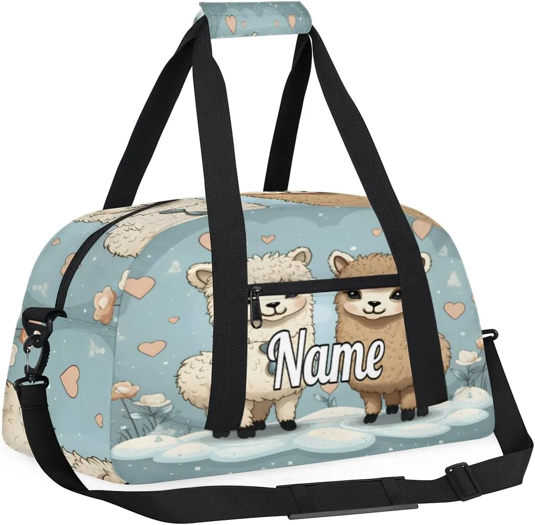 Cartoon Llama Alpaca Personalized Kids Gym Bag Custom Name Sport Duffel Bag Dance Ballet Bag for Girls Practice Workout Bag
