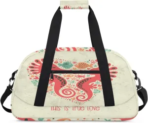 Cartoon Seahorse Heart Gym Duffel Bag for Men Women Fish Flowers Sports Tote Bag with Adjustable Shoulder Strap for Dance Gymnastics Traveling Outdoor Camping Overnight Stay