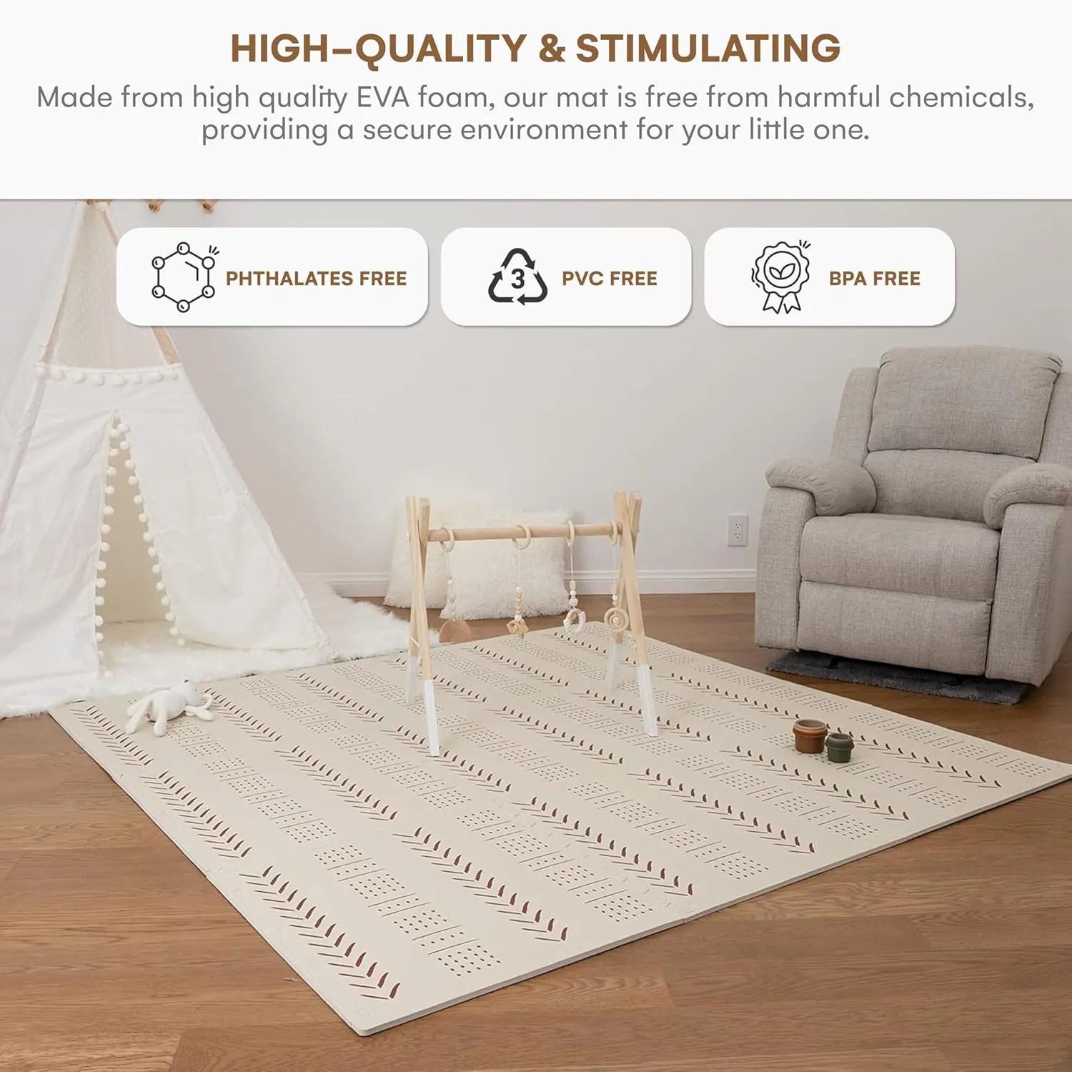 CHILDLIKE BEHAVIOR XXL Baby Play Mats, 72”x72” Puzzle with 9 Foam Tiles, Crawling Mat with Interlocking Tiles, 24”x24” Puzzle Mat Pieces, Neutral Playmat for Toddlers & Infants Play Pen - Beige
