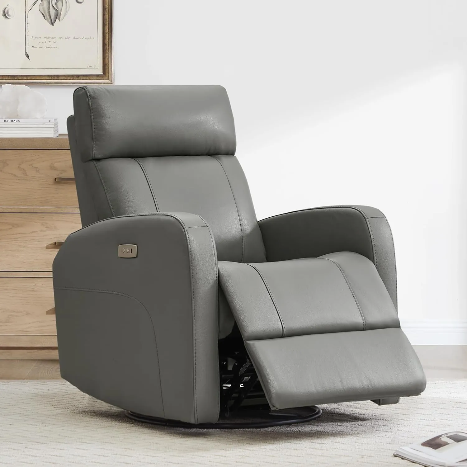 CHITA Genuine Leather Power Swivel Glider Recliner Chair for Adults, FSC Certified Electric Nursery Rocker Recliner Chair for Living Room, Haze