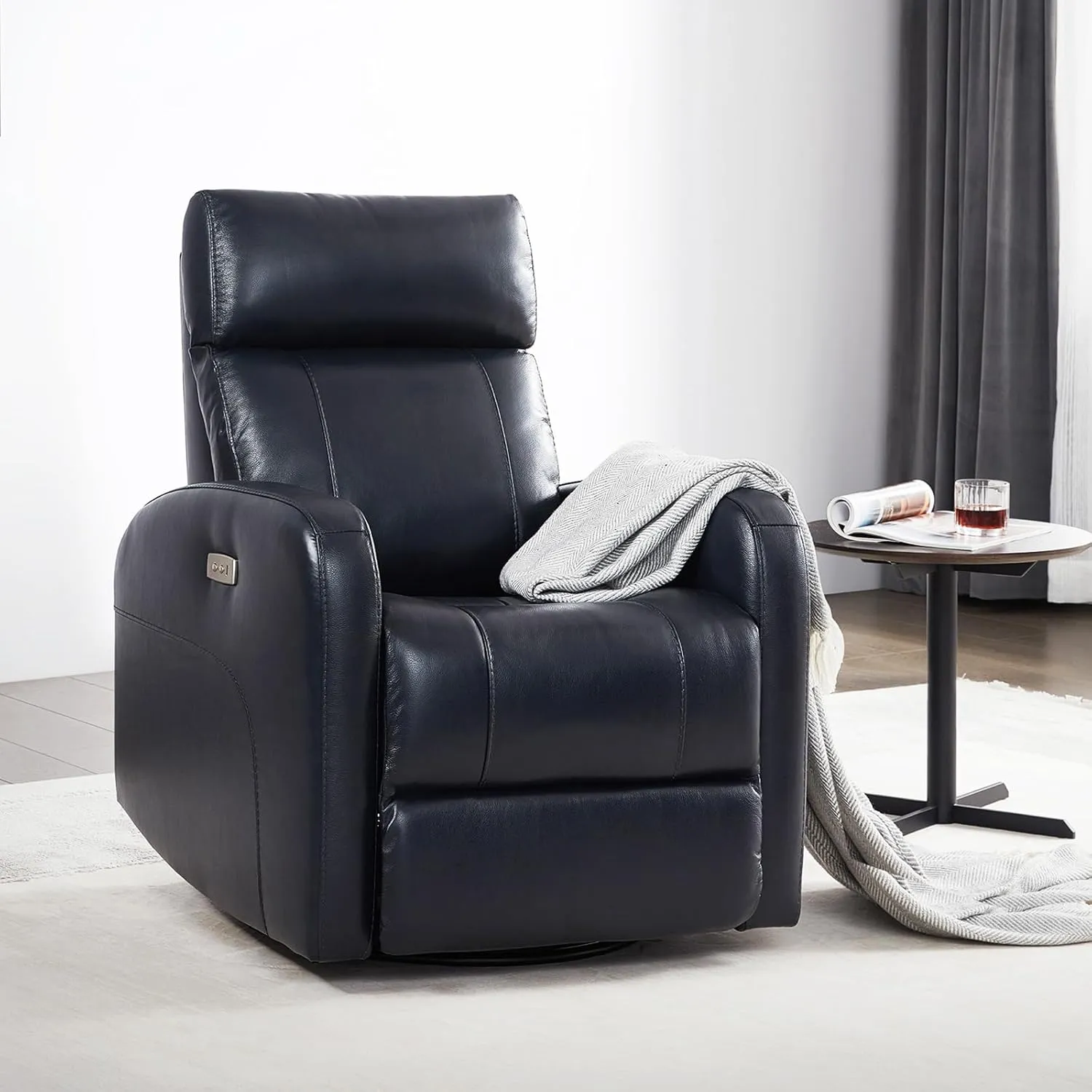 CHITA Genuine Leather Power Swivel Glider Recliner Chair for Adults, FSC Certified Electric Nursery Rocker Recliner Chair for Living Room, Navy Blue