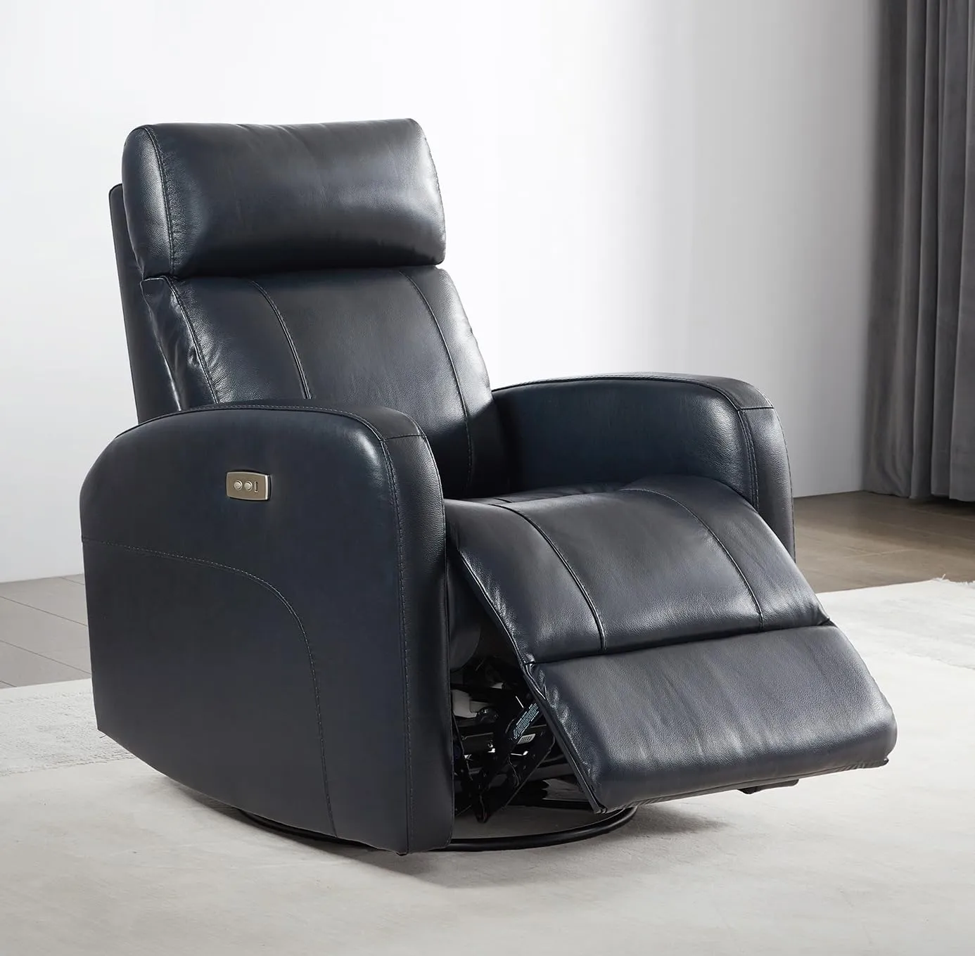 CHITA Genuine Leather Power Swivel Glider Recliner Chair for Adults, FSC Certified Electric Nursery Rocker Recliner Chair for Living Room, Navy Blue