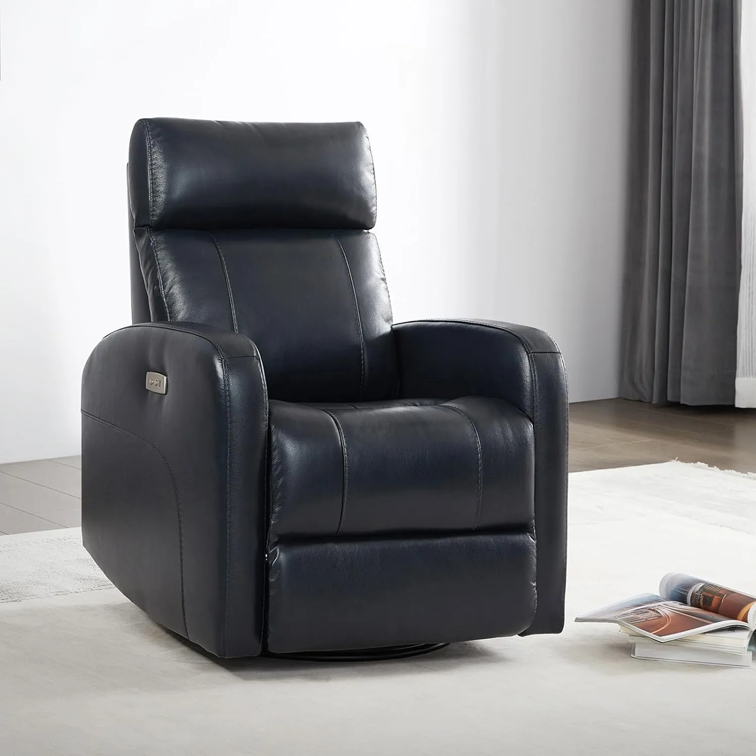 CHITA Genuine Leather Power Swivel Glider Recliner Chair for Adults, FSC Certified Electric Nursery Rocker Recliner Chair for Living Room, Navy Blue