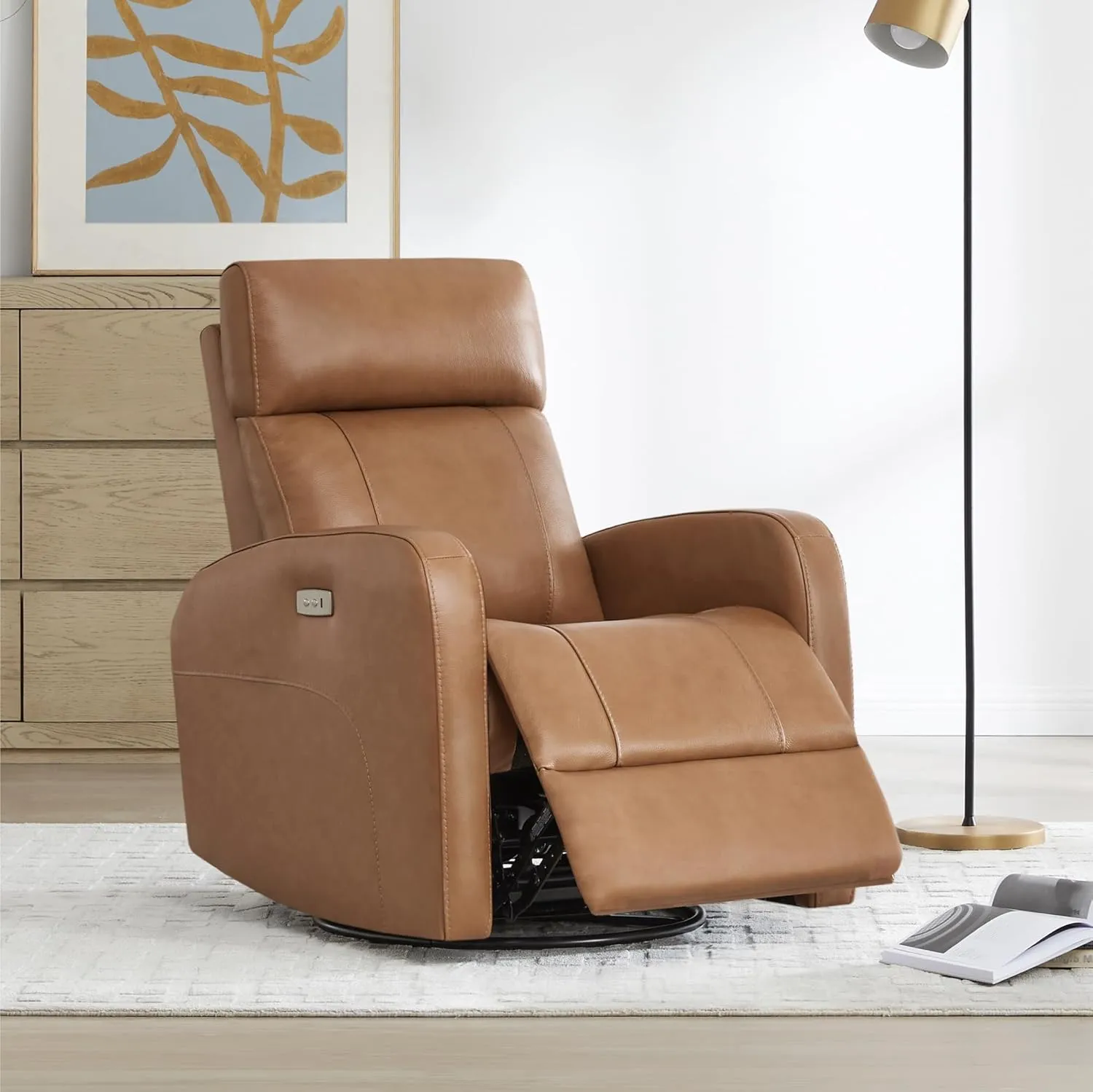 CHITA Genuine Leather Power Swivel Glider Recliner Chair for Adults, FSC Certified Electric Nursery Rocker Recliner Chair for Living Room, Saddle Brown