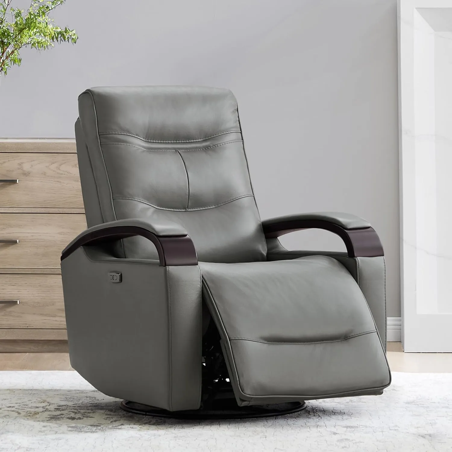 CHITA Genuine Leather Power Swivel Glider Rocker Recliner, FSC Certified Mid Century Modern Recliner Chair for Adults, Adjustable Power Headrest, for Nursery and Living Room, Haze