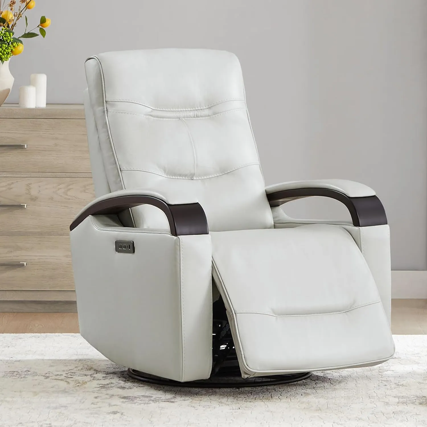 CHITA Genuine Leather Power Swivel Glider Rocker Recliner, FSC Certified Mid Century Modern Recliner Chair for Adults, Adjustable Power Headrest, for Nursery and Living Room, Light Grey
