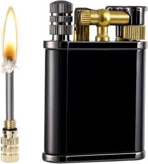 Classic 2 in 1 Vintage Kerosene Lighter Permanent Match Lighter Trench Lighter Soft Flame Antique Brass Rocker Arm Flint Wheel Cool Kerosene Lighter(Black)