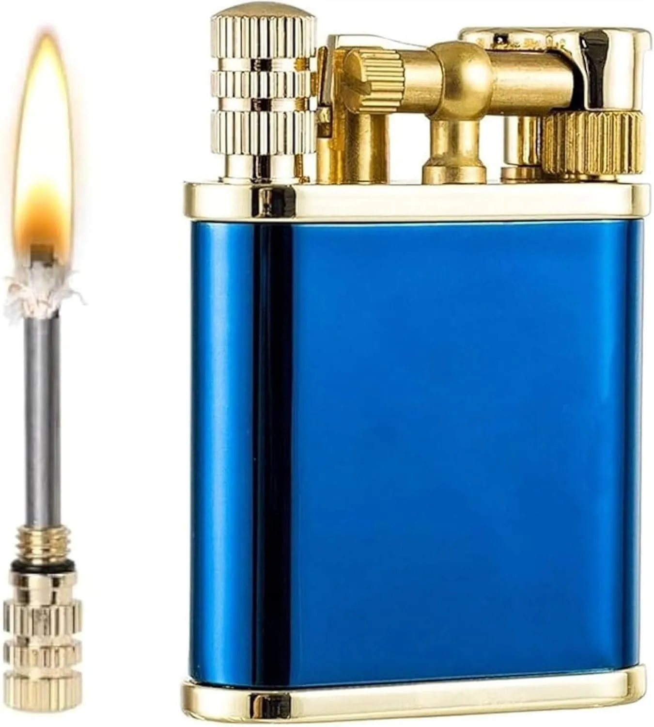 Classic 2 in 1 Vintage Kerosene Lighter Permanent Match Lighter Trench Lighter Soft Flame Antique Brass Rocker Arm Flint Wheel Cool Kerosene Lighter(Blue)