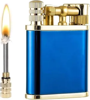 Classic 2 in 1 Vintage Kerosene Lighter Permanent Match Lighter Trench Lighter Soft Flame Antique Brass Rocker Arm Flint Wheel Cool Kerosene Lighter(Blue)