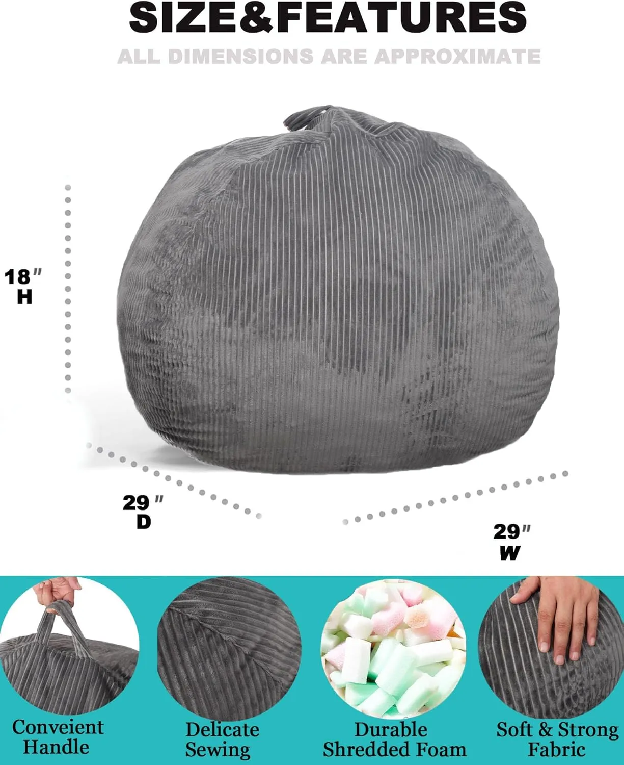Classic Bean Bag Chair, with Faux Rabbit Fur Cover for Teens and Kids, Memory Foam Bean Bag Chairs, Ultra Soft Faux Fur Fabric, 2.5 feet Round Fluffy Bean Bag Sofa