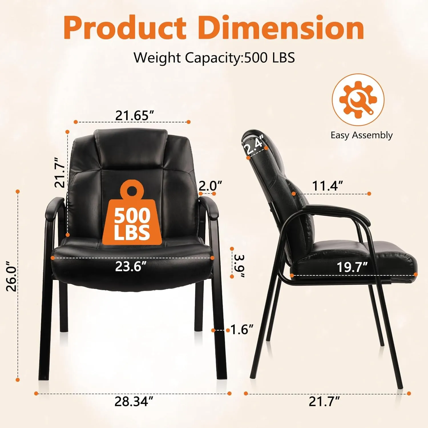 CLATINA Big Tall 500 LBS Wide Guest Chair Heavy Duty, Leather Side Reception Chairs with Padded Armrest No Wheels, Executive Office Desk Chair for Meeting Conference Waiting Room Home, Black