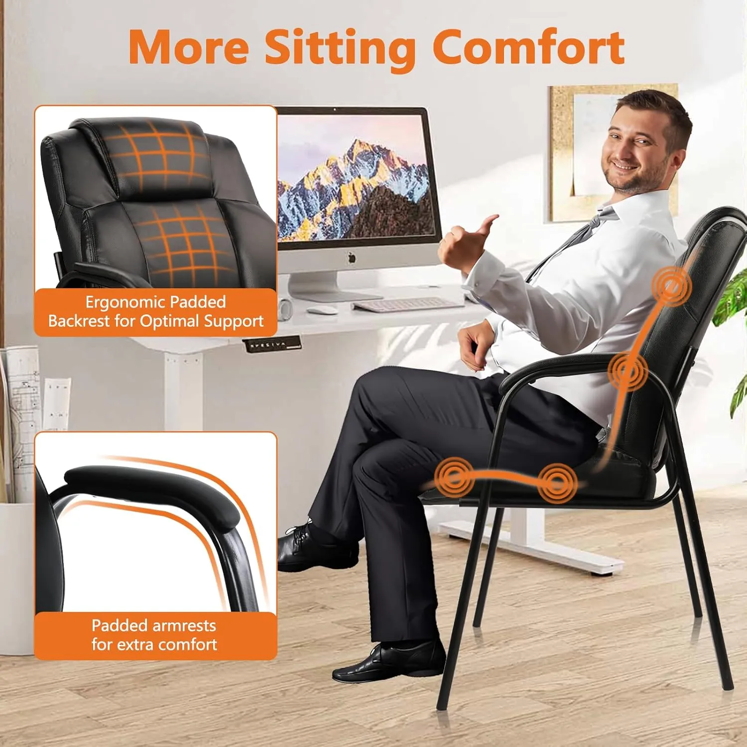 CLATINA Big Tall 500 LBS Wide Guest Chair Heavy Duty, Leather Side Reception Chairs with Padded Armrest No Wheels, Executive Office Desk Chair for Meeting Conference Waiting Room Home, Black