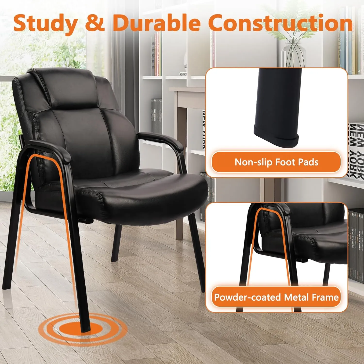 CLATINA Big Tall 500 LBS Wide Guest Chair Heavy Duty, Leather Side Reception Chairs with Padded Armrest No Wheels, Executive Office Desk Chair for Meeting Conference Waiting Room Home, Black