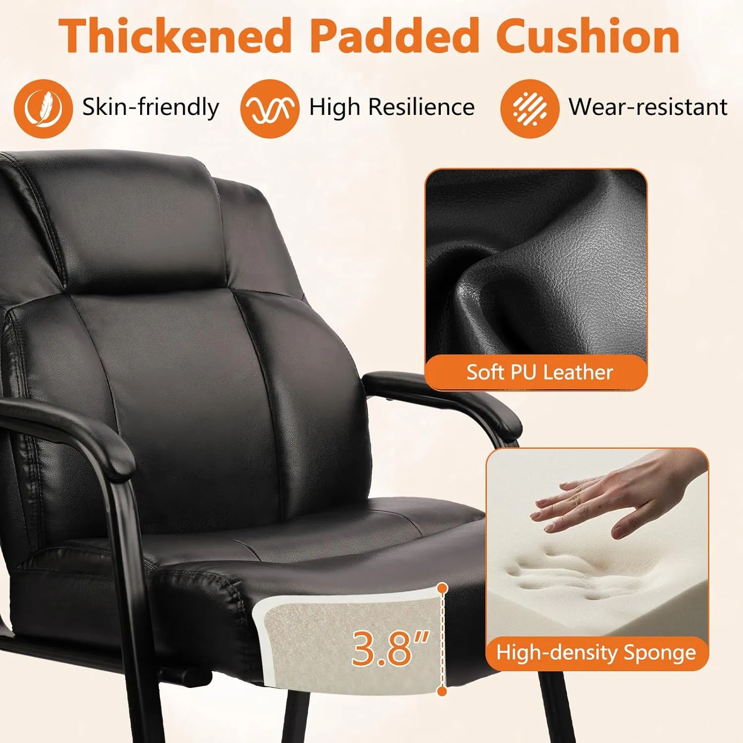 CLATINA Big Tall 500 LBS Wide Guest Chair Heavy Duty, Leather Side Reception Chairs with Padded Armrest No Wheels, Executive Office Desk Chair for Meeting Conference Waiting Room Home, Black