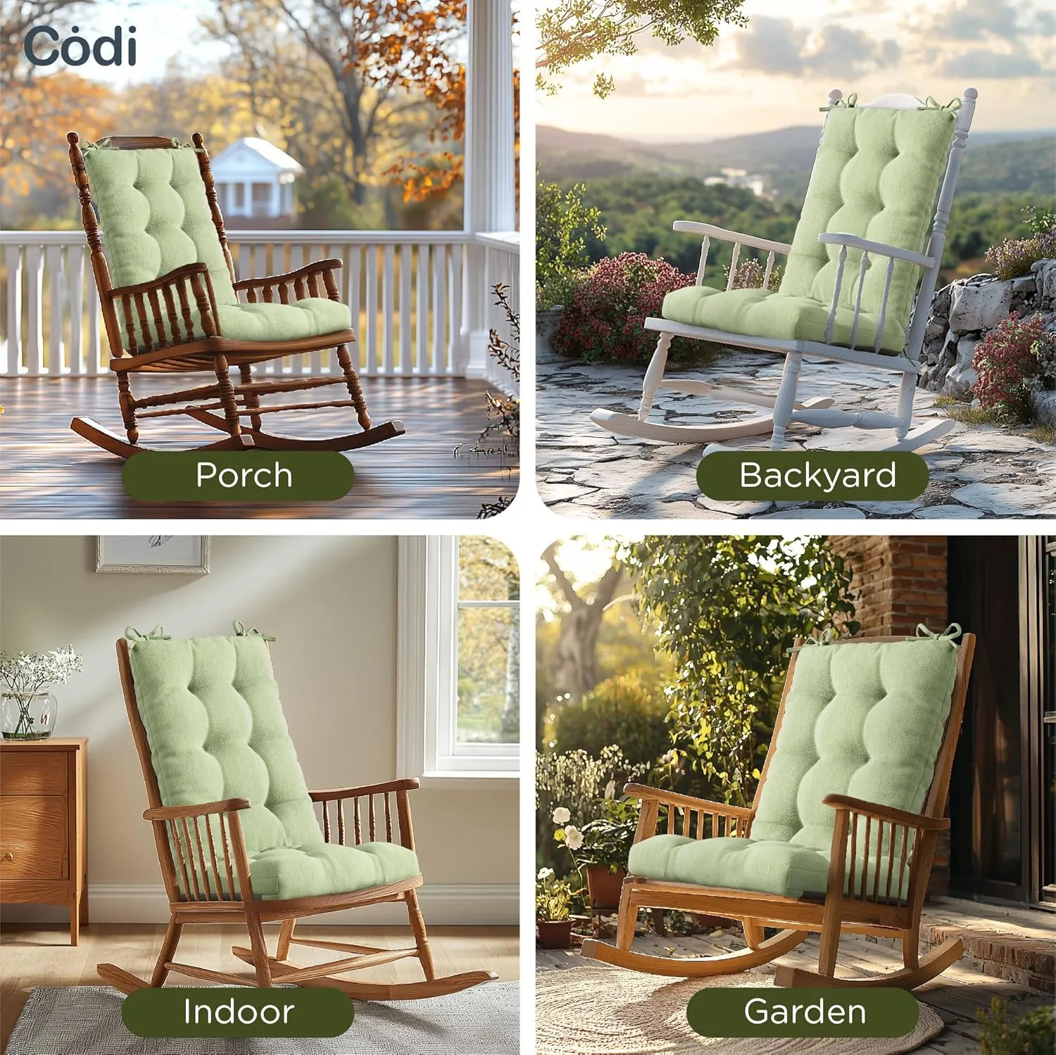 Codi Outdoor Rocking Chair Cushions, Water Resistant Rocker Chairs Replacement Cushion Set for Patio Porch Garden, Sage 1PK