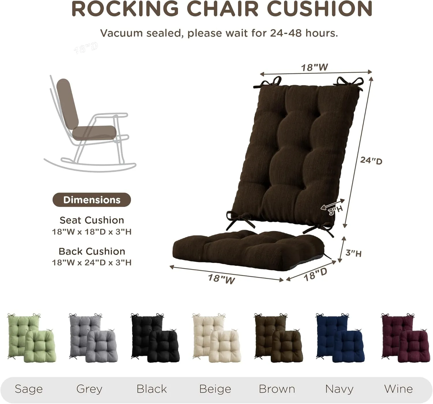 Codi Rocking Chair Cushions Indoor, Extra Large Water Resistant Glider Rocker Replacement Cushion Set for Patio Porch Garden, Brown 1PK