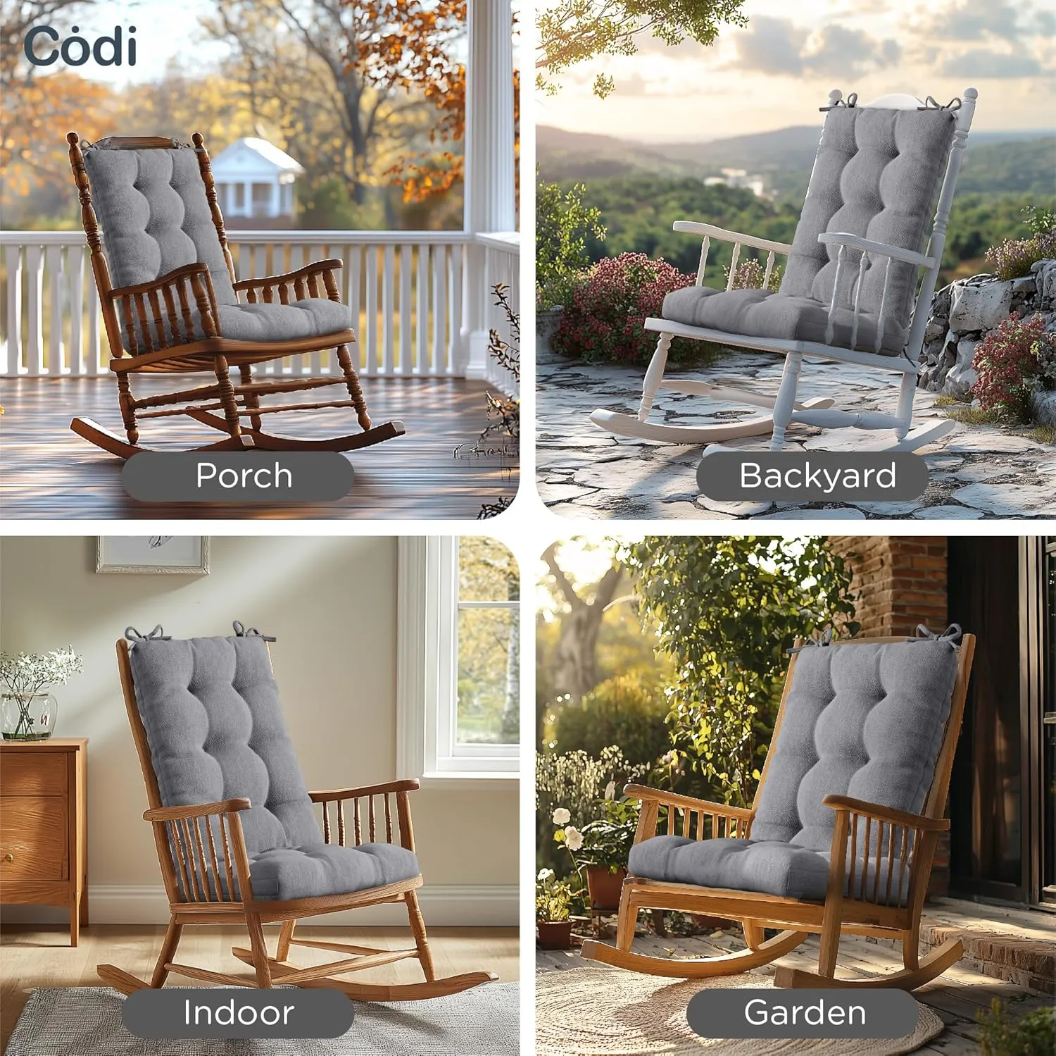 Codi Rocking Chair Cushions Indoor, Extra Large Water Resistant Glider Rocker Replacement Cushion Set for Patio Porch Garden, Grey 1PK