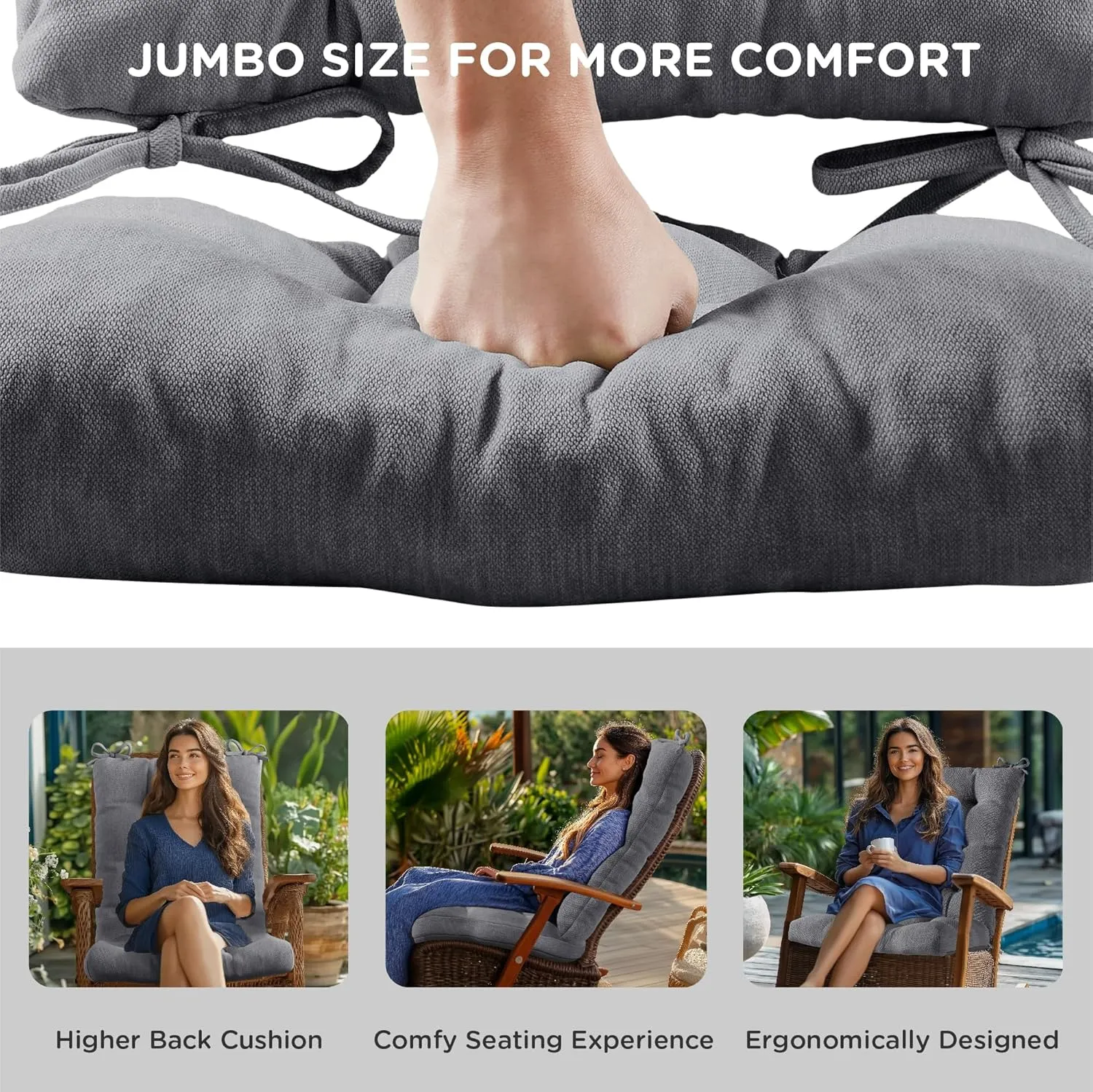 Codi Rocking Chair Cushions Indoor, Extra Large Water Resistant Glider Rocker Replacement Cushion Set for Patio Porch Garden, Grey 1PK