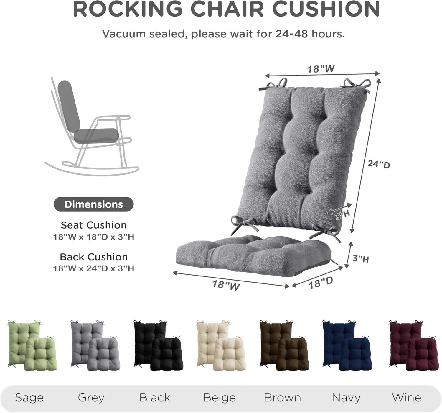Codi Rocking Chair Cushions Indoor, Extra Large Water Resistant Glider Rocker Replacement Cushion Set for Patio Porch Garden, Grey 1PK