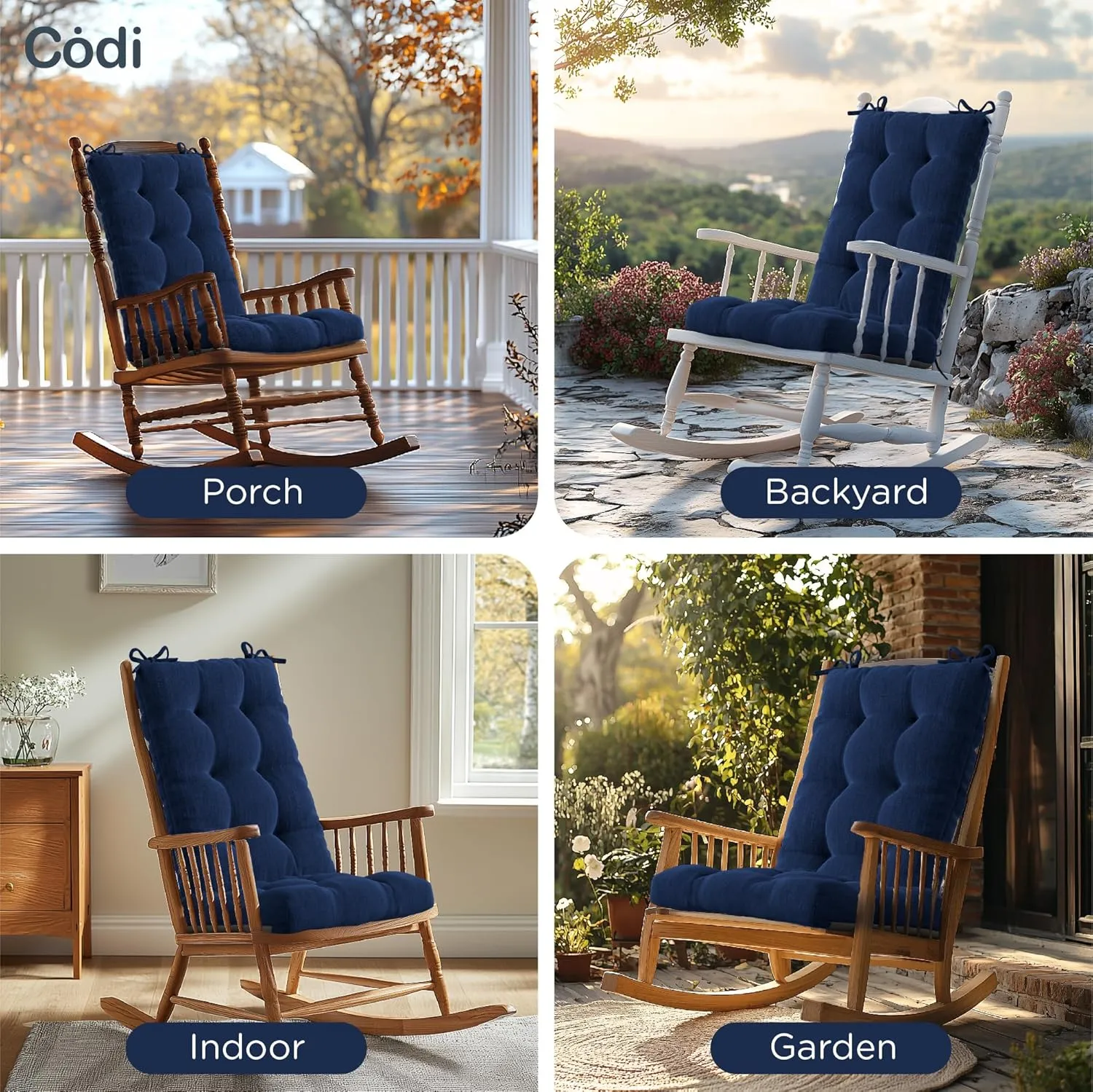 Codi Rocking Chair Cushions Indoor, Extra Large Water Resistant Glider Rocker Replacement Cushion Set for Patio Porch Garden, Navy 1PK