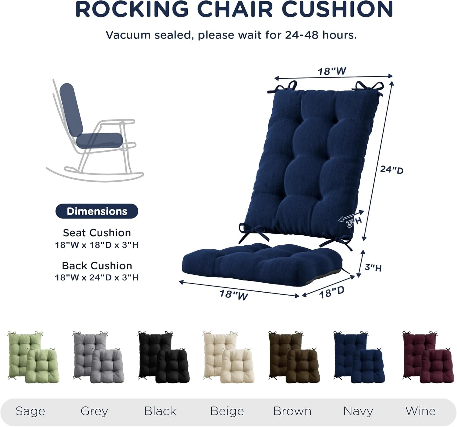 Codi Rocking Chair Cushions Indoor, Extra Large Water Resistant Glider Rocker Replacement Cushion Set for Patio Porch Garden, Navy 1PK