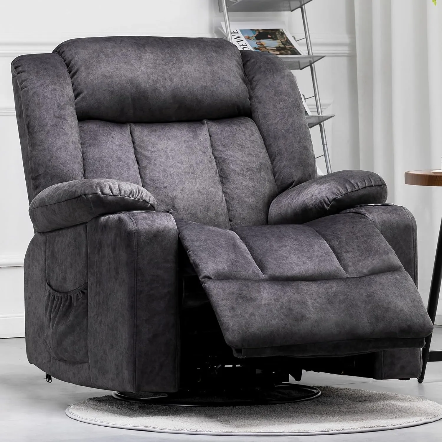 COMHOMA Recliner Chair,360° Swivel Rocker Glider Recliners with Cup Holders, Upholstered Fabric Rocking Chair for Adults,Manual Reclining Single Sofa for Living Room,Gray