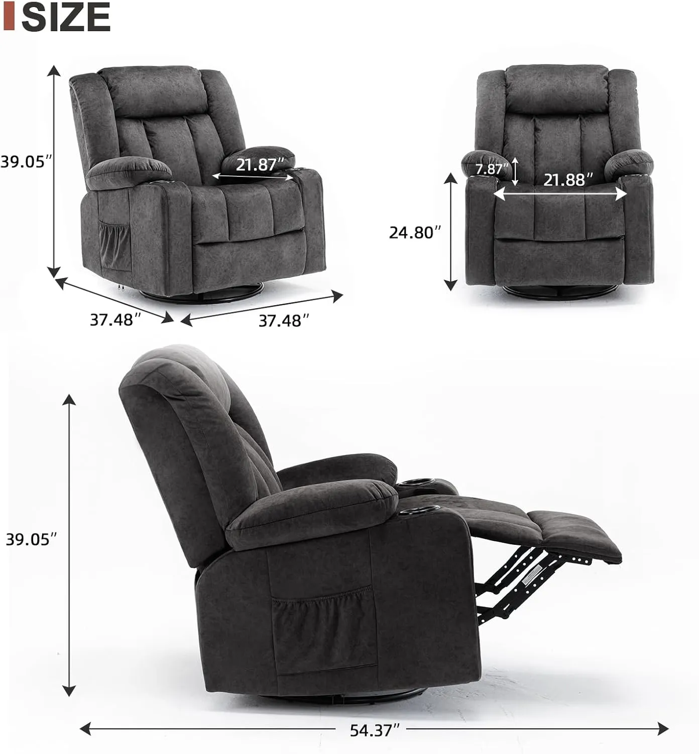COMHOMA Recliner Chair,360° Swivel Rocker Glider Recliners with Cup Holders, Upholstered Fabric Rocking Chair for Adults,Manual Reclining Single Sofa for Living Room,Gray