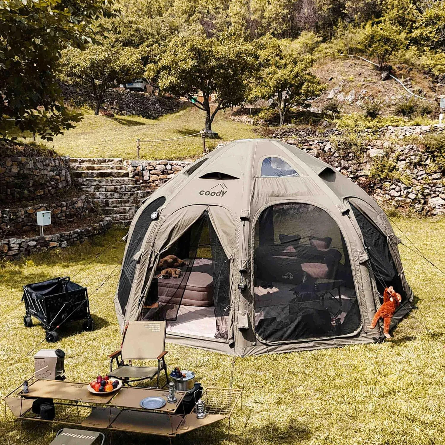 Coody | Rbm Outdoors Koala/Hub/Octopus Inflatable Tents for Camping with Stove Jack, 2/8/10 Person Luxury Canvas Blow Up Tent, 2 Room, Easy Setup Casa de Campaña, Large Inflatable House with Pump