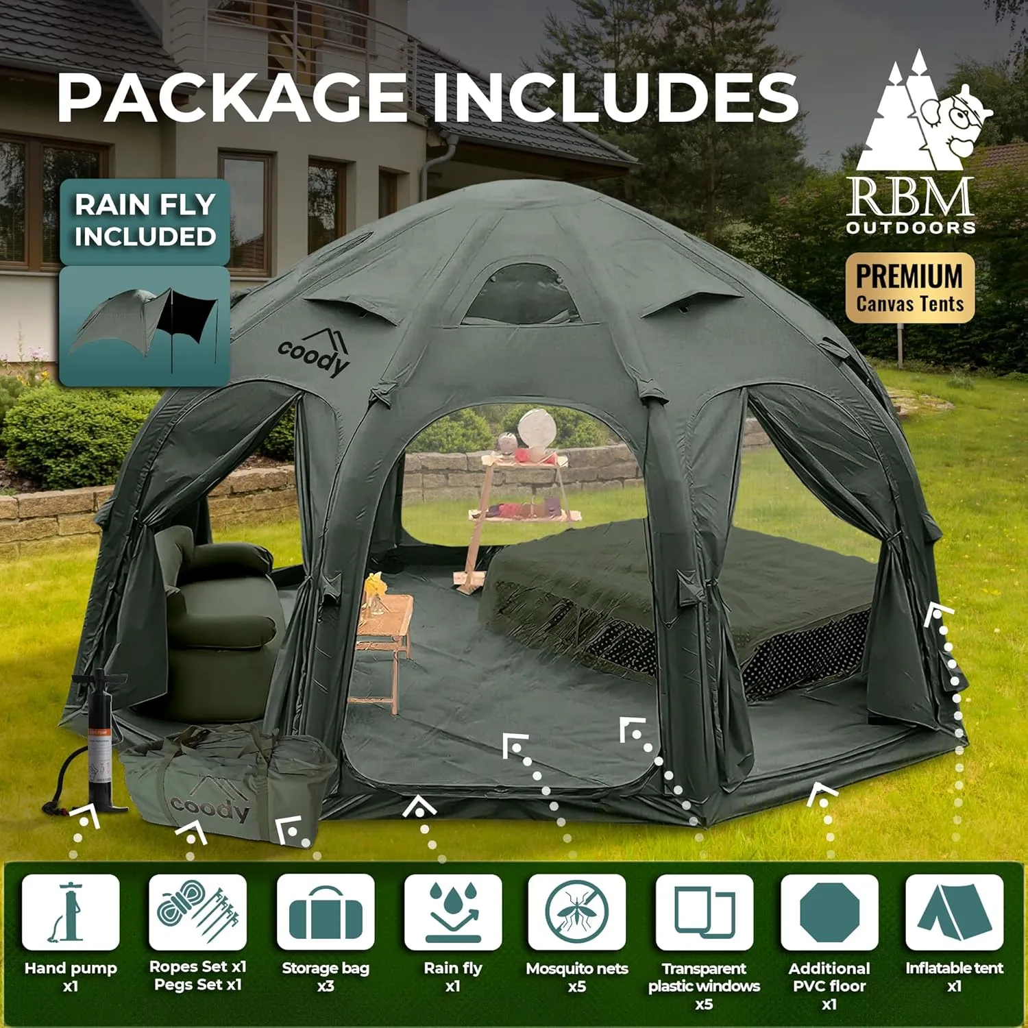 Coody | Rbm Outdoors Koala/Hub/Octopus Inflatable Tents for Camping with Stove Jack, 2/8/10 Person Luxury Canvas Blow Up Tent, 2 Room, Easy Setup Casa de Campaña, Large Inflatable House with Pump