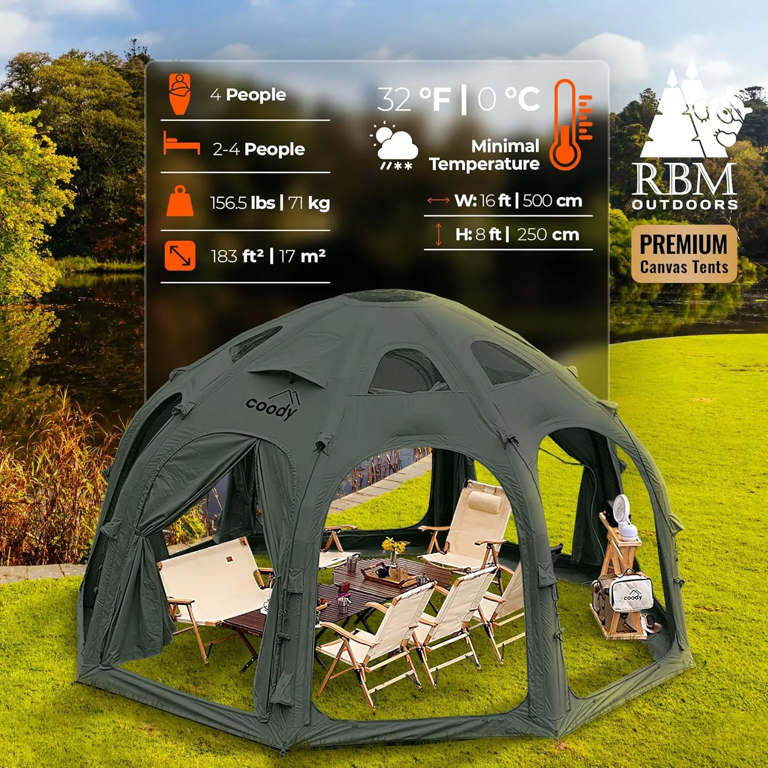 Coody | Rbm Outdoors Koala/Hub/Octopus Inflatable Tents for Camping with Stove Jack, 2/8/10 Person Luxury Canvas Blow Up Tent, 2 Room, Easy Setup Casa de Campaña, Large Inflatable House with Pump