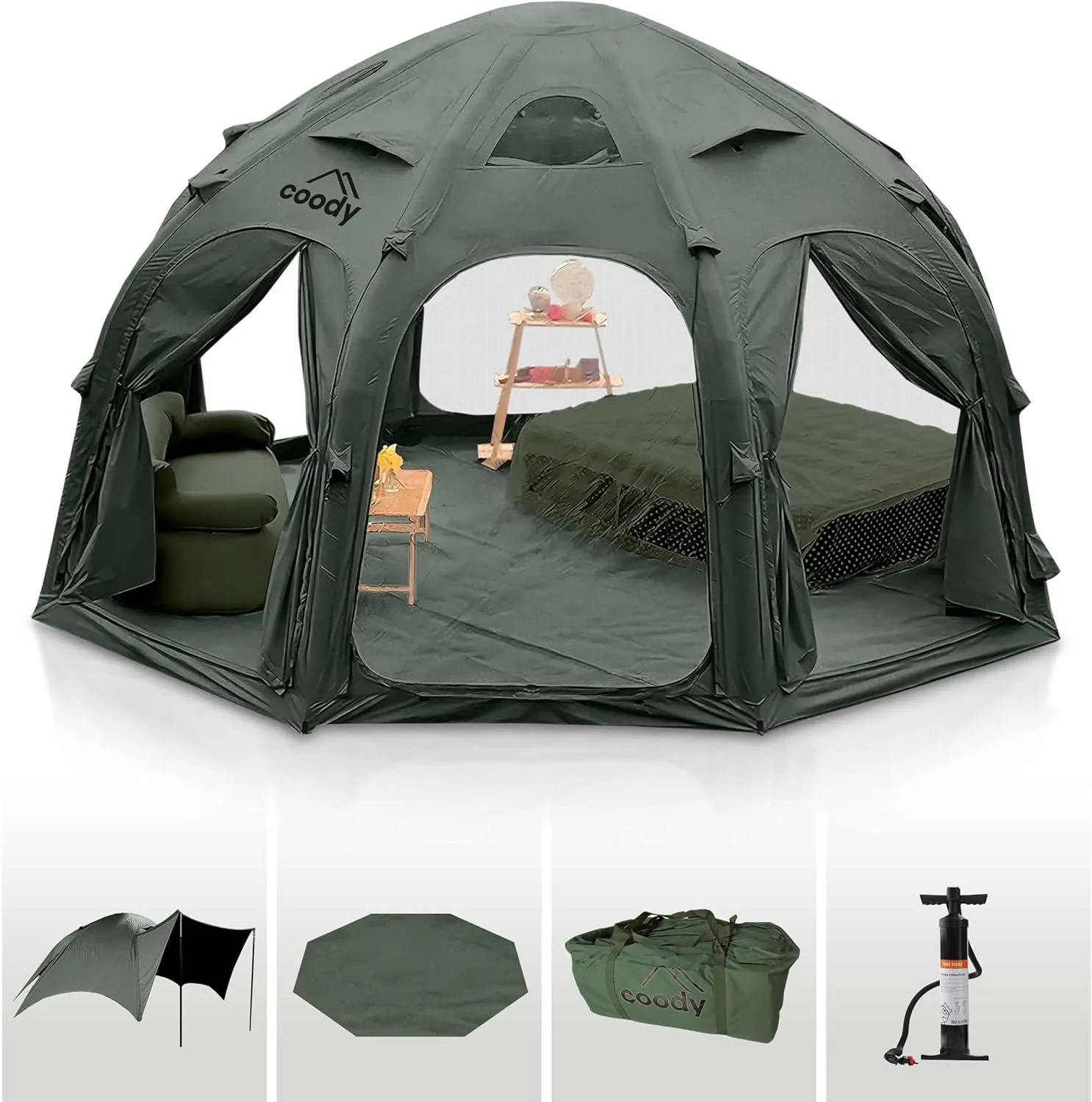 Coody | Rbm Outdoors Koala/Hub/Octopus Inflatable Tents for Camping with Stove Jack, 2/8/10 Person Luxury Canvas Blow Up Tent, 2 Room, Easy Setup Casa de Campaña, Large Inflatable House with Pump