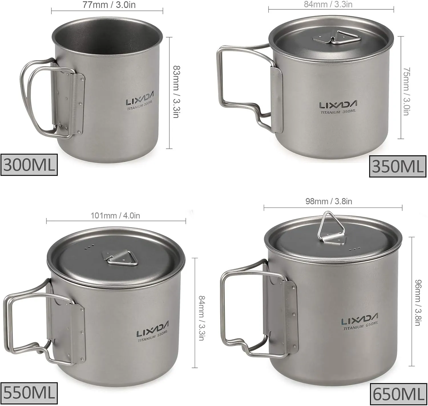 Cookware Set 300ml/350ml/420ml/550ml/650ml/750ml Ultralight Titanium Cup with Folding Dinner Spork Tableware for Camping Hiking Backpacking