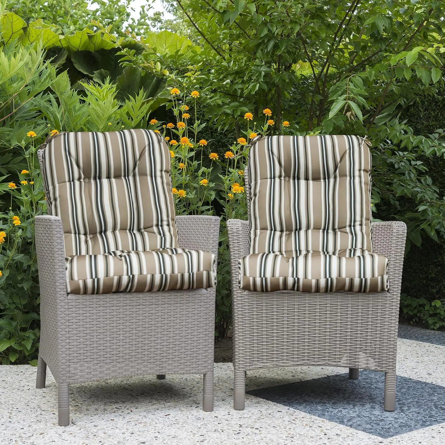 COOS BAY Tufted High Back Chair Cushions 42x21 Inch, Outdoor/Indoor Patio Chair Cushions for Patio Furniture, Water Resistant Rocker Seat Pads, 2 Count, Beige Stripes
