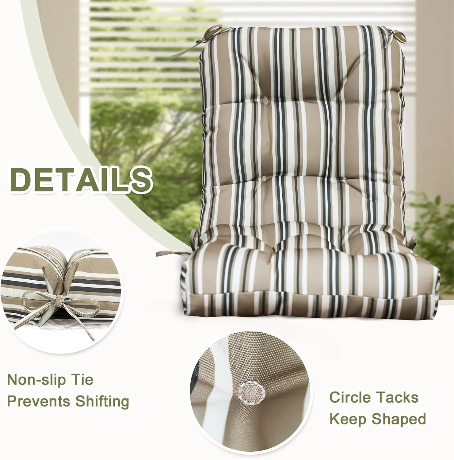 COOS BAY Tufted High Back Chair Cushions 42x21 Inch, Outdoor/Indoor Patio Chair Cushions for Patio Furniture, Water Resistant Rocker Seat Pads, 2 Count, Beige Stripes