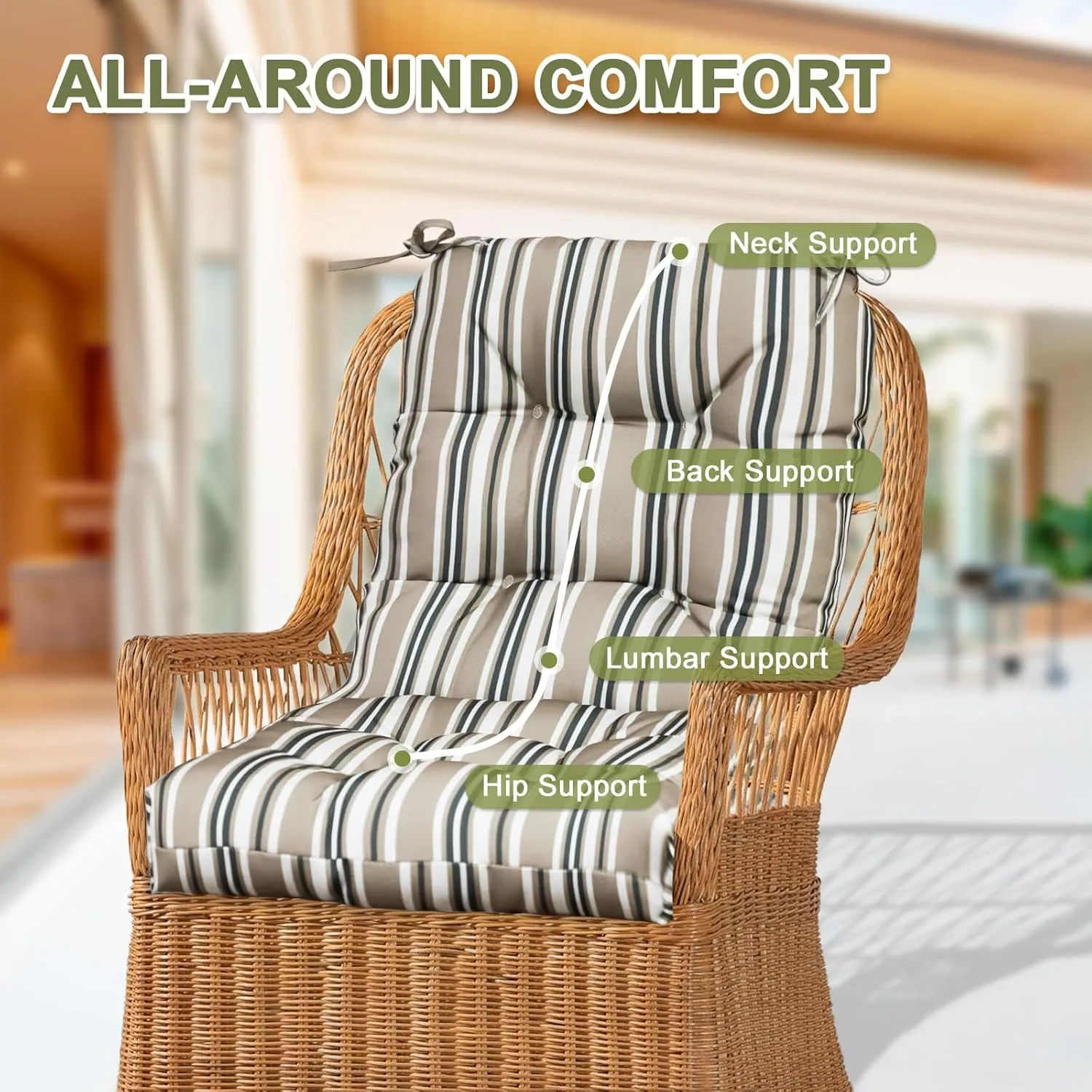 COOS BAY Tufted High Back Chair Cushions 42x21 Inch, Outdoor/Indoor Patio Chair Cushions for Patio Furniture, Water Resistant Rocker Seat Pads, 2 Count, Beige Stripes