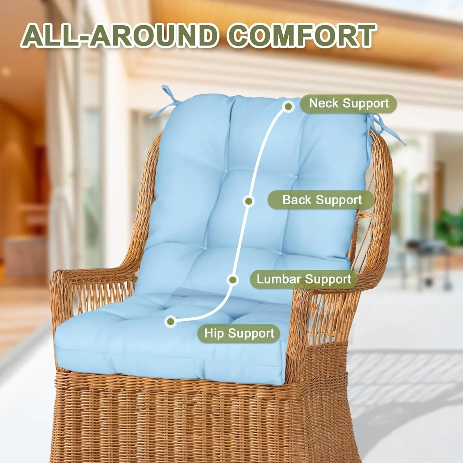 COOS BAY Tufted High Back Chair Cushions 42x21 Inch, Outdoor/Indoor Patio Chair Cushions for Patio Furniture, Water Resistant Rocker Seat Pads, 2 Count, Light Blue