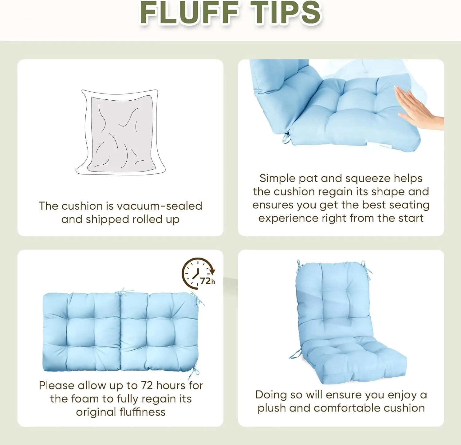 COOS BAY Tufted High Back Chair Cushions 42x21 Inch, Outdoor/Indoor Patio Chair Cushions for Patio Furniture, Water Resistant Rocker Seat Pads, 2 Count, Light Blue
