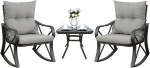 COSIEST 3 Piece Bistro Set Patio Rocking Chairs Outdoor Furniture w Warm Gray Cushions, Glass-Top Table for Garden, Pool, Backyard