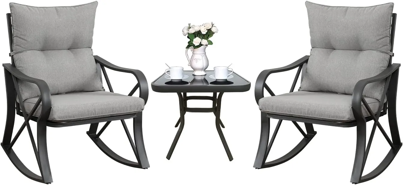COSIEST 3 Piece Bistro Set Patio Rocking Chairs Outdoor Furniture w Warm Gray Cushions, Glass-Top Table for Garden, Pool, Backyard