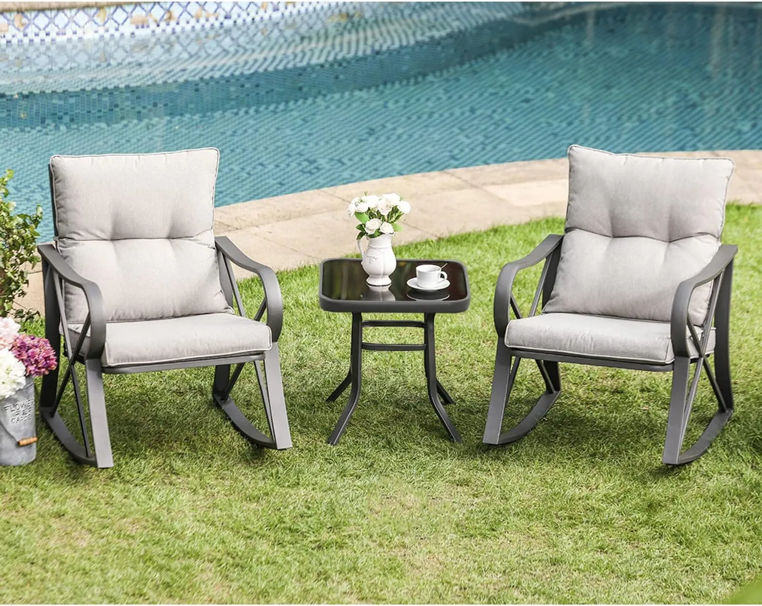 COSIEST 3 Piece Bistro Set Patio Rocking Chairs Outdoor Furniture w Warm Gray Cushions, Glass-Top Table for Garden, Pool, Backyard
