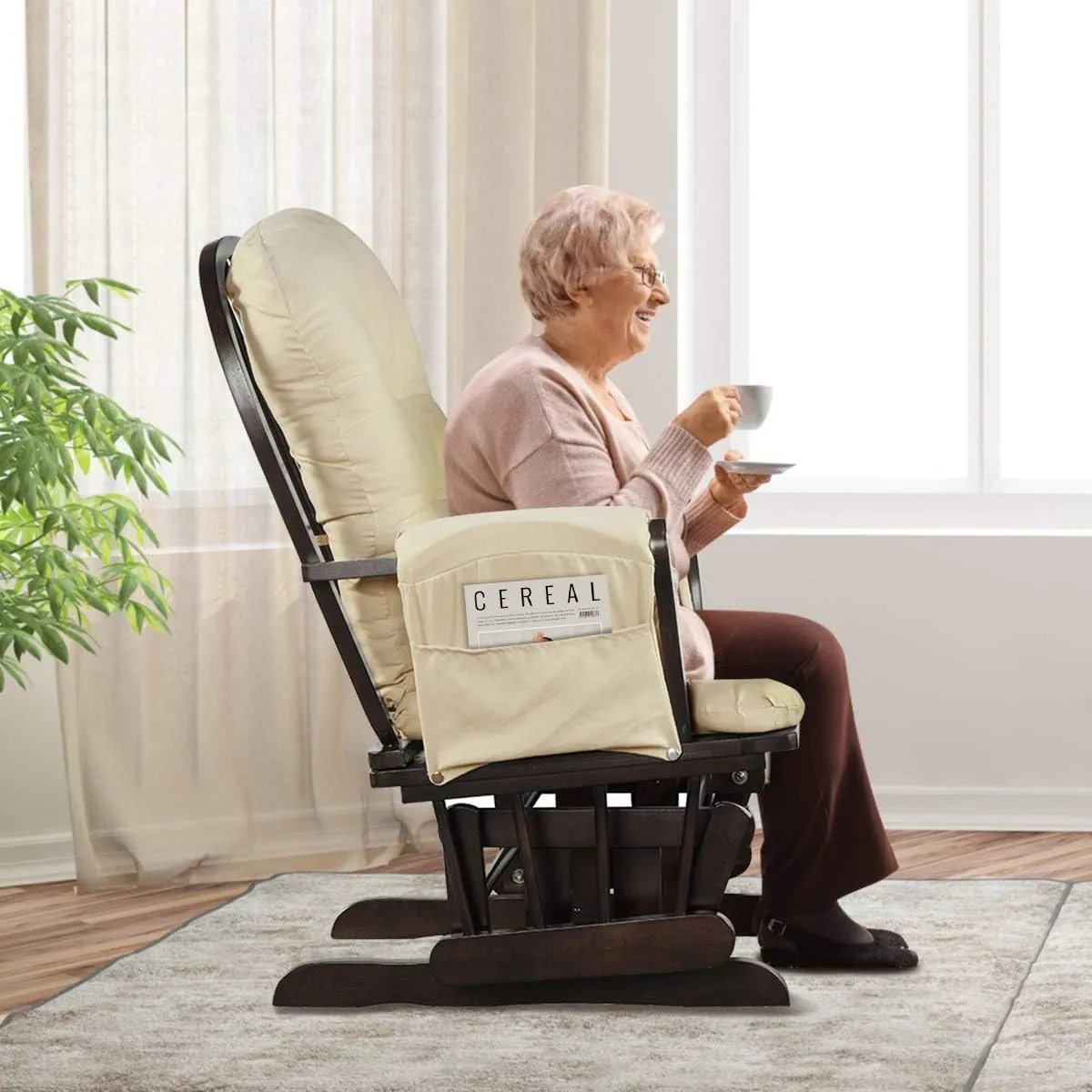 Costzon Nursery Glider with Ottoman, Upholstered Comfort Glider Rocker with Padded Cushion, Storage Pocket, Solid Wood Base, Rocking Chair Nursery for Breastfeeding, Maternity, Napping (Beige)