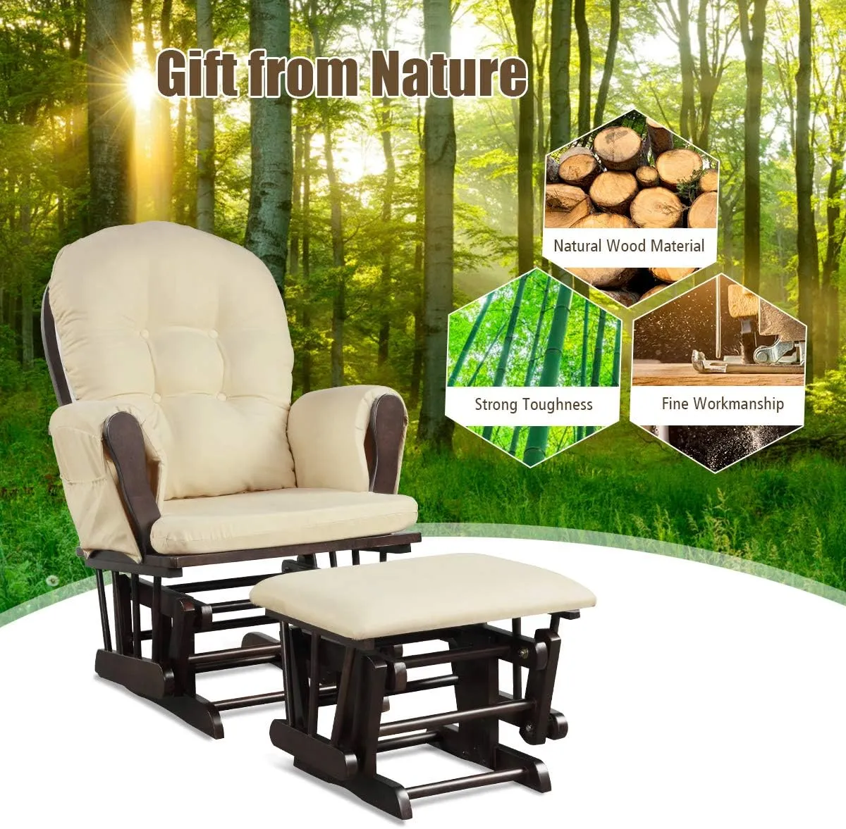 Costzon Nursery Glider with Ottoman, Upholstered Comfort Glider Rocker with Padded Cushion, Storage Pocket, Solid Wood Base, Rocking Chair Nursery for Breastfeeding, Maternity, Napping (Beige)
