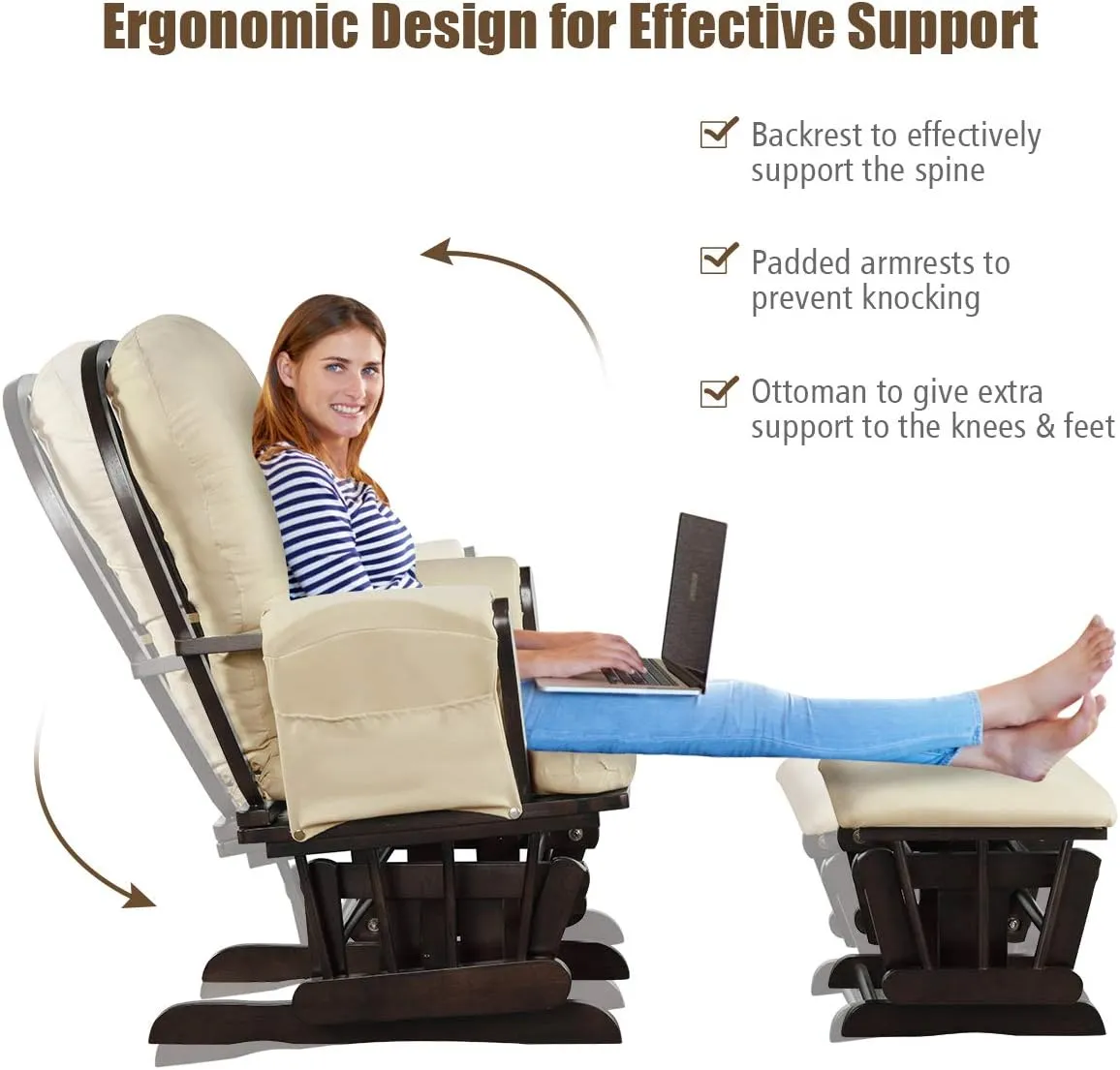 Costzon Nursery Glider with Ottoman, Upholstered Comfort Glider Rocker with Padded Cushion, Storage Pocket, Solid Wood Base, Rocking Chair Nursery for Breastfeeding, Maternity, Napping (Beige)