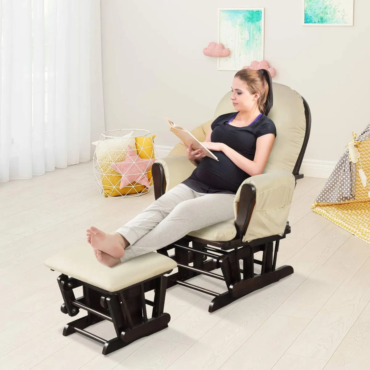 Costzon Nursery Glider with Ottoman, Upholstered Comfort Glider Rocker with Padded Cushion, Storage Pocket, Solid Wood Base, Rocking Chair Nursery for Breastfeeding, Maternity, Napping (Beige)