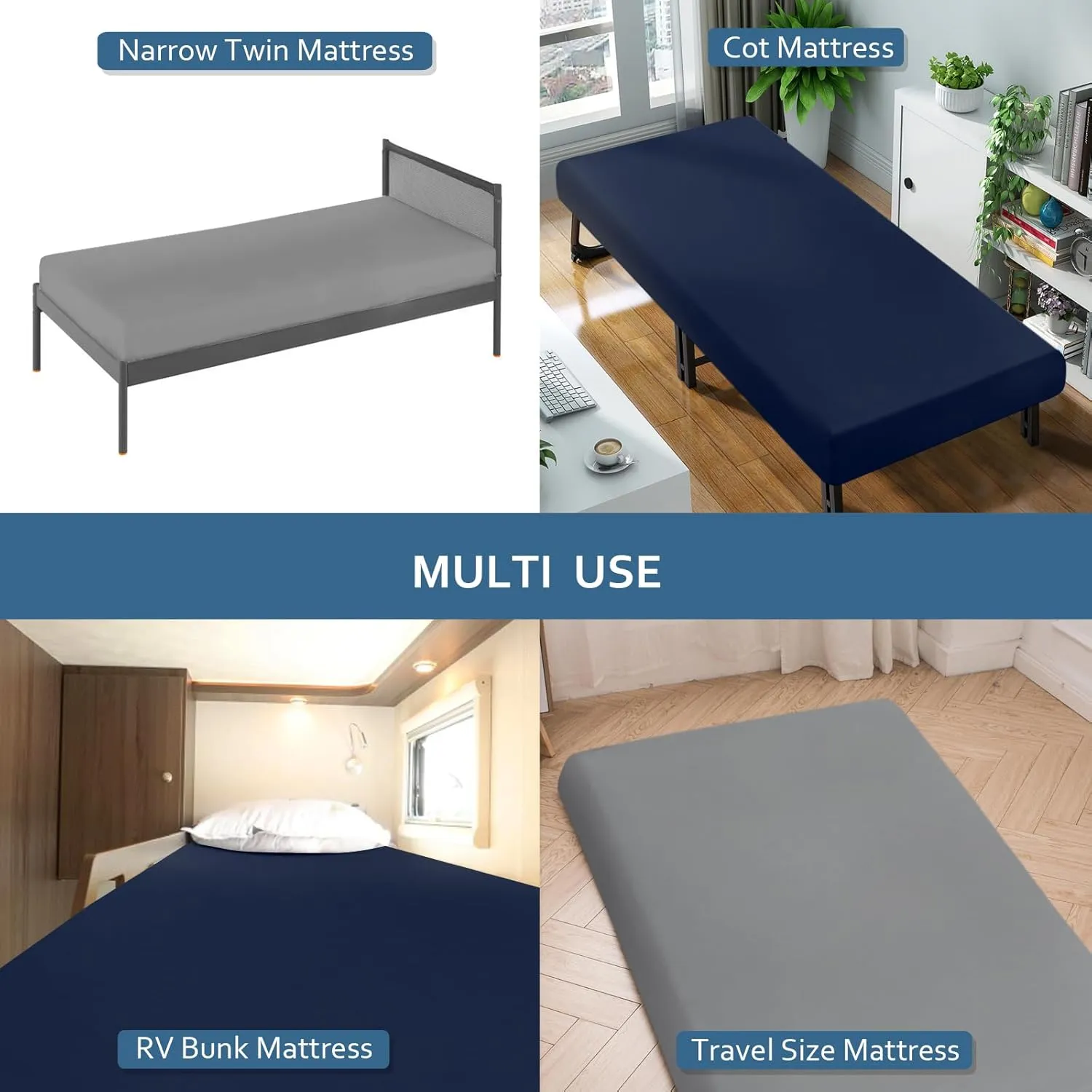 Cot Sheet 31" x 75"(2 Pack), Cot Fitted Sheet Ultra Soft and Breathable Snug Fit for Narrow Twin Mattress/Camp Bunk Beds/RVs Bunk/Guest Beds/Army Cots/Trifold Mattress Navy and Grey, Sheet Only